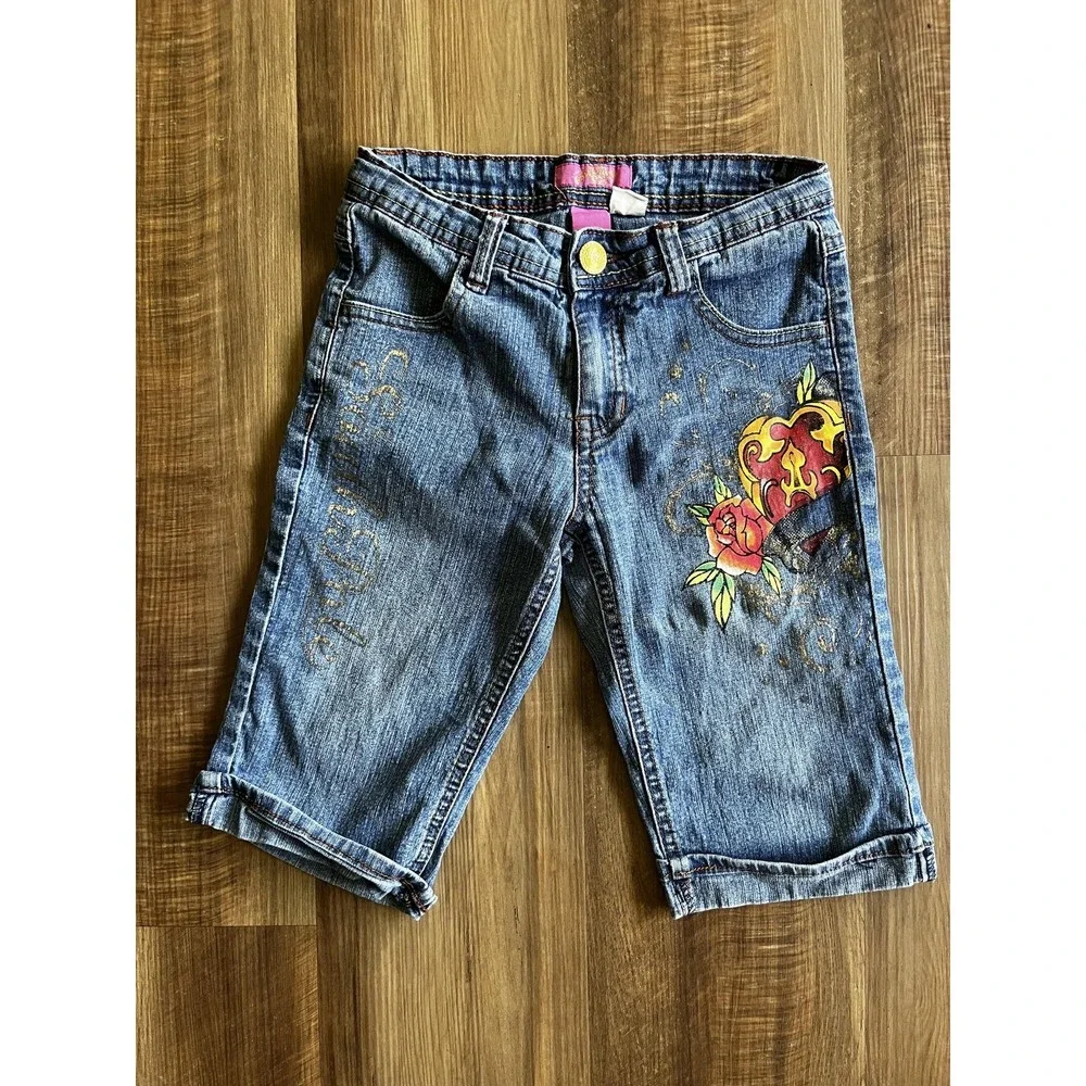 Southpole Shorts Girls 10 Blue Denim Bermuda Heart Rose Graphic Floral Capri